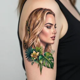 surrealist tattoo design of margot robbie and nature mash up, in the style of arlo dicristina, amazing detail, face morph