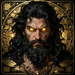 furious god zeus, wavy black hair, bushy beard, glowing eyes, volumetric lights, black and gold scheme, art nouveau botanicals, gothic, intricate, highly detailed, digital painting, artstation, concept art, smooth, sharp focus, symmetric face, illustration, steampunk, art by artgerm and greg rutkowski and alphonse mucha