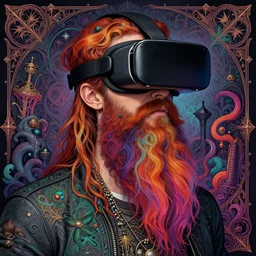 detailed hipster skinny man wearing big vr head set, long vibrant beard, dmt, by james gurney + intricate and vibrant work + portrait + trending on artstation + incredible gothic illustration + exquisite detail