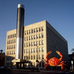 photograph of a mid century office building with a tesla coil and a giant crab kodachrome sunshine