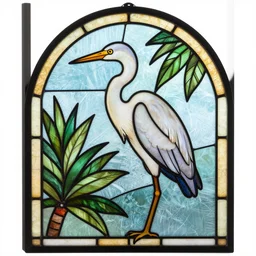 stained glass panel of an egret and palm leaves