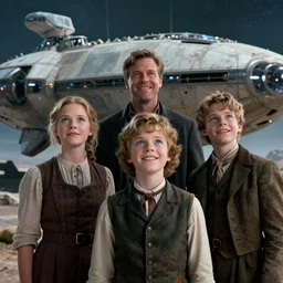 extremely sharply detailed, from blockbuster 3 2 k sci fi color movie freeze frame, set in 1 8 6 0, family standing in front of a crashed spaceship, on alien planet, looking happy, wearing 1 8 5 0 s era clothes, atmospheric lighting, in focus, reflective eyes, - 9 0 mm macro lens, live action, nice composition, good photography, clear facial details