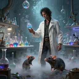 a plague doctor and a humanoid rat in a laboratory with lots of flasks filled with magic liquids and poisonous fog, stephen bliss, unreal engine, fantasy art by greg rutkowski, loish, rhads, ferdinand knab, ilya kuvshinov, rossdraws, tom bagshaw, global illumination, radiant soft light, detailed and intricate environment