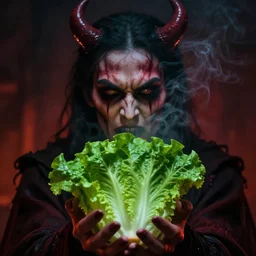 Closeup of Satan\'s face, offering you the devil\'s lettuce, moody lighting, creepy, smoke in the air, dark shadows, fiery, ominous, 4k, DSLR photo