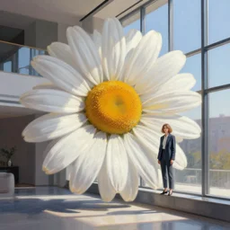 giant daisy flower head, girl in suit, standing next to modern window in luxury loft, surreal photography, sunlight, impressionist painting, digital painting, artstation, simon stalenhag