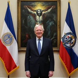 peter dutton in a suit and tie standing in front of two flags, a surrealist painting by john nelson battenberg, trending on shutterstock, international gothic, antichrist, horror film, demonic photograph, by greg rutkowski