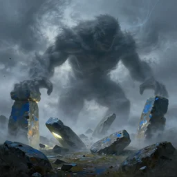 masterpiece painting of giant humanoid monsters pushing glowing stonehenge pieces scattered falling over, bluestones falling over, wrapped in swirling fog, swirling dust particles, cinematic shot, volatile weather, chaos, mysterious, dynamic, dusk, concept art, by greg rutkowski
