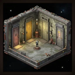 in a small space station module that has doors on each wall, from a space themed point and click 2 d graphic adventure game, set design inspired by hg giger and tomb raider, art inspired by thomas kinkade