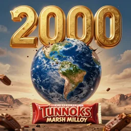 Super high resolution, hyper-realistic, 8K, ray-traced, Film publicity poster for 2000 disaster movie of Earth being stuck by giant Tunnocks marsh mellow