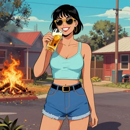 australian bogans wearing shorts, sunglasses, drinking beer, smirking with missing teeth, unfazed that the neighborhood is on fire, doing stupid things on social media, a beautiful retrowave comicbook art