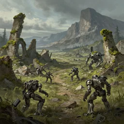 the concept illustration of wasteland, ruins after the battle, desolate world, moss creeping up the ruins, rock mountains in background, the broken remains of mechs, greg rutkowski, james gurney, johannes voss, john harris, alena aenami artworks in 4 k