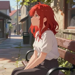 a girl in red hair sitting on the bench in the town, looking side, trending on pixiv, painted by greg rutkowski makoto shinkai takashi takeuchi studio ghibli, akihiko yoshida