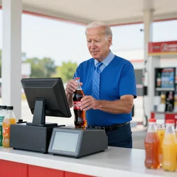 Joe Biden selling soda behind the cash register at a gas station convivence store