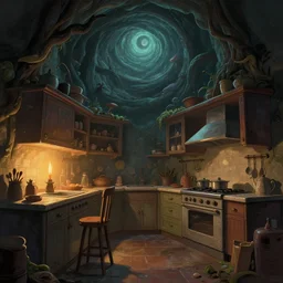massurrealism, weird perspective, cel shading, epic detailed illustration of a kitchen dim lit by 1 candle in a scenic spiral environment by anton fadeev from lorax movie, trending artstation