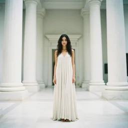 a full body portrait of a beautiful young woman wearing an billowing dress, inside a white marble temple with colums, in the style of irakli nadar, soft lighting, film photography