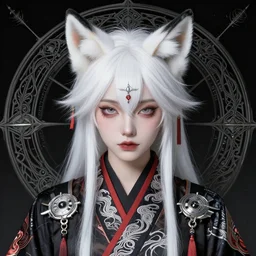 cyberpunk kimono techwear occultist with white fox ears, beautiful, detailed symmetrical close up portrait, intricate complexity, in the style of kyoto animation key visuals and takato yamamoto and alphonse mucha, cel shaded
