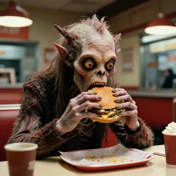 the strange creature eats a cheeseburger, at the fast food restaurant, film still, directed by david cronenberg studio lighting, extremely professional