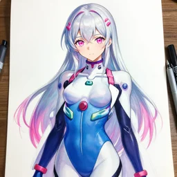 woman ; silver hair ; pink eyes ; bright colours ; scientist ; ; wearing bodysuit ; drawn by mengo yokoyari and artgerm ; digital art ; high detail ; trending on artstation ; anime key visual