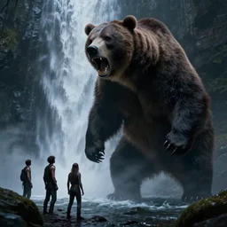 scary picture of a giant grizzly bear roaring at 3 human near a waterfall, demonic, dark fantasy, dnd, extremely detailed, sharp focus, smooth, matte painting, concept art, vaporwave style, chiaroscuro, trending on artstation!!!