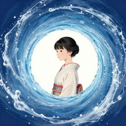 universe of vortex of water waves and fabric and in the center a perfect circle and inside a girl with traditional japanese dress, around water splashes and floral, style of hokusai, unreal engine, octane render, asymetric, golden ratio, style of hokusai, sharp, orange and teal