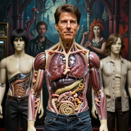 realistic detailed tom cruise made from display mannequin parts. internal organs visible through clear glass panels. depth perception, depth of field, action horror by lisa frank, ayami, kojima, amano, karol bak, greg hildebrandt, and mark brooks, neo - gothic, gothic, rich deep colors. beksinski painting, part by adrian ghenie and gerhard richter. art by takato yamamoto. masterpiece