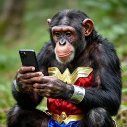 A chimpanzee wearing a Wonder Woman outfit, holds  a smart phone, photographed in the style of National Geographic, hyperreal