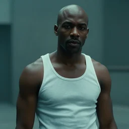 bald african - american man wearing white tank - top, bladerunner 2 0 4 9, cinematic, film still