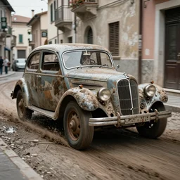 street photography by saul leiter, in an italian alley, award winning photo of an ultra detailed intricate dirty vintage ford car speeding very fast on mud, fast shutter speed, motion blur, tiny gaussian blur, highly detailed, highly intricate, depth of field, trending on top gear