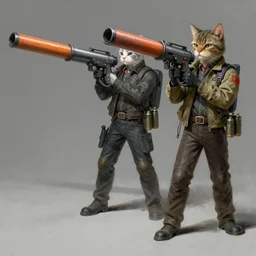 concept paintings of supersoaker bazookas with cat-headed ammo, by jamie hewlett