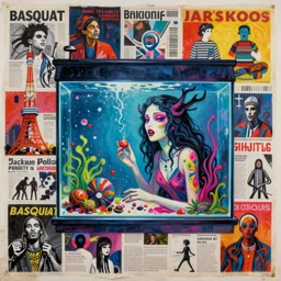 acrylic painting of a bizarre nightmare woman in front of an aquarium in tokyo, mixed media collage by basquiat and jackson pollock, maximalist magazine collage art, retro psychedelic illustration, 1 9 6 0 s