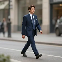 a mini man walking in the street wearing a suit, digital art, photo