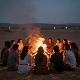 photograph of people bonding around a firecircle, kismet, shot from behind, no faces visible, bokeh, atmospheric, desert