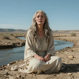 65-year-old tree-like Gaia Goddess crying one emotionless tear, facing the camera and sitting on a dried up river in a desolate land, blue sky, hot and sunny, highly-detailed, elegant, dramatic lighting, artstation, 4k, cinematic landscape, photograph by Elizabeth Gadd