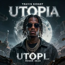 An album cover for an upcoming Travis Scott album called Utopia by Roger Dean, 8K concept art, rendered in Unreal Engine, detailed