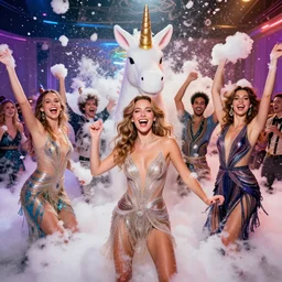 epic professional digital portrait of 🦄🎉 dance foam party, happy, cheerful, fun,, detailed, hdr, 4 k, leesha hannigan, wayne haag, reyna rochin, ignacio fernandez rios, mark ryden, iris van herpen, best on wlop, pixiv, stunning, gorgeous, much wow, cinematic, masterpiece