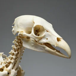 bird head skeleton made of bird bone structures, with diapsid with a pre - lachrymal fossa, a single occipital condyl, bone structure photograph by naturalist museum