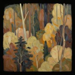 an abstract set of shapes, the woods, colorful, warm muted colors, painterly, detailed painting of a landscape, extremely high detail, brush strokes, top view, black background, illustration by ross tran