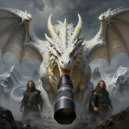 adult white dragon, long lens, close up, by greg rutkowski, drark, marvel comics, dark, plutus su and chris scalf and lucas graciano and billy christian, symmetrical, snowy mountains, atmospheric haze, red eyes, grey and gold color palette, painting, d & d, fantasy, detailed, realistic, complimentary colors, light, artstation, cinematic, dramatic lighting, close up, storm clouds, hudson river school