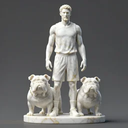 a statue made of white marble with gold veins, of klay thompson and a bulldog, full body shot, perfect symmetrical body, perfect symmetrical face, hyper realistic, hyper detailed, by johannen voss, by peter kemp, by monia merlo, by michelangelo, by ernst haeckel, by alex grey, octane render, blender, 8 k