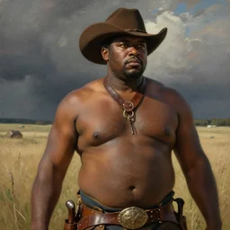a beautiful dramatic epic painting of a thicc black man | he is shirtless and wearing a cowboy hat and leather harness | prairie setting | homoerotic, highly detailed, dramatic lighting | by Mark Maggiori, by William Herbert Dunton, by Charles Marion Russell | trending on artstation