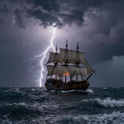 a thunderstorm in the sea, a pirate ship sailing in the middle, dramatic waves, by peder balke