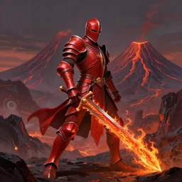a red knight with fire sword, volcano background, digital painting, highly detailed, intricate