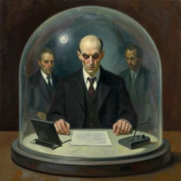 portrait of an evil mastermind inside a dome - shaped control center, evil lair, grant wood, pj crook, edward hopper, oil on canvas