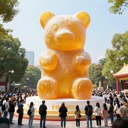 stunning image of a giant gummy bear on a pedestal, many people worshipping.