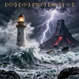 movie poster, huge waves crashing over a lighthouse, lord of the rings, sauron, volcanic rock, iceland, crazy, impossible, lightning!!!!!!!!!!!!!!!!!!!!!, ship wreck, scary