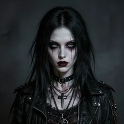 portrait painting of an androgynous gorgeous witch with shoulder length black hair pale skin and beautiful eyes wearing badass punk clothes, ultra realistic, concept art, intricate details, eerie, highly detailed, photorealistic, octane render, 8 k, unreal engine. art by artgerm and greg rutkowski and magali villeneuve and alphonse mucha