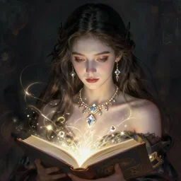 character concept portrait of an attractive young focused Spanish witch with pale skin and a magic crystal necklace enchanting a glowing  seduction spell, a floating glowing spell book in the center, intricate, elegant, digital painting, concept art, smooth, sharp focus, illustration, from Metal Gear, by Ruan Jia and Mandy Jurgens and William-Adolphe Bouguereau, Artgerm