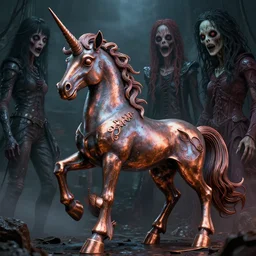heavy metal album art for a unicorn, scariest horror nightmare by beksinski and junji ito and horiyoshi iii, digital art, deepdream trending on artstation, metallic colors, oxidized copper, photorealistic, octane, hyper detailed, trending on deviantart, sharp focus, photography, unreal engine