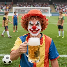 silly little grumpy man clown with a beer in front of a soccer match, by erin hanson, alexi zaitsev, karl spitzweg, award winning