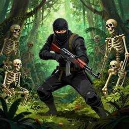 a ninja sneaking around in the jungle surrounded by skeletons with ak - 4 7 artwork by eko nugroho